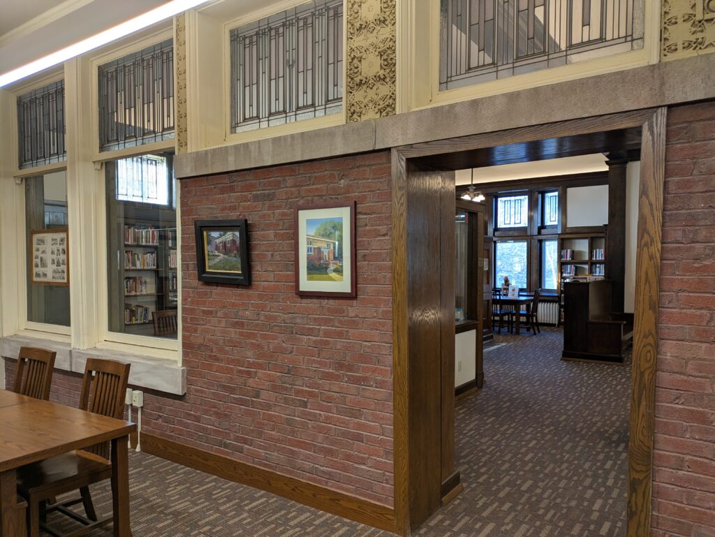 Eager Free Public Library interior building preserving old red brick exterior