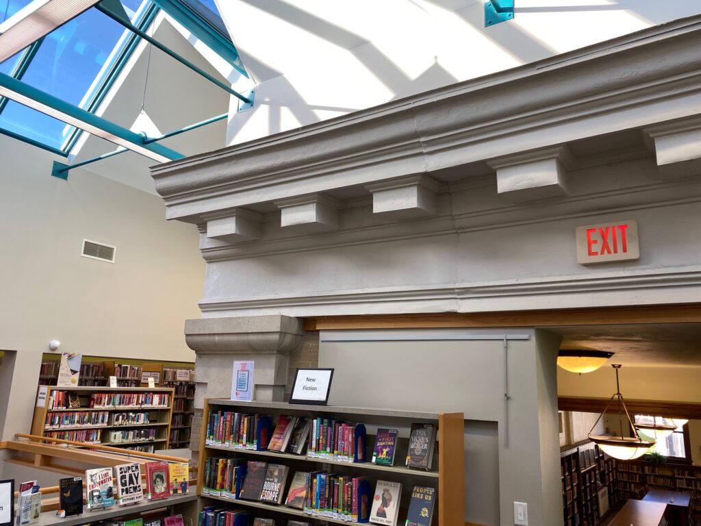 Interior picture of the Stoughton Public Library highlighting the historic Carnegie exterior