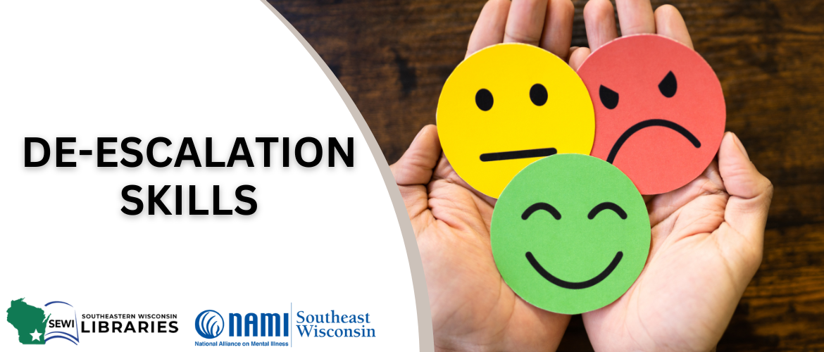 Hands holding three emojis with different expressions; text reads 'DE-ESCALATION SKILLS' with logos below